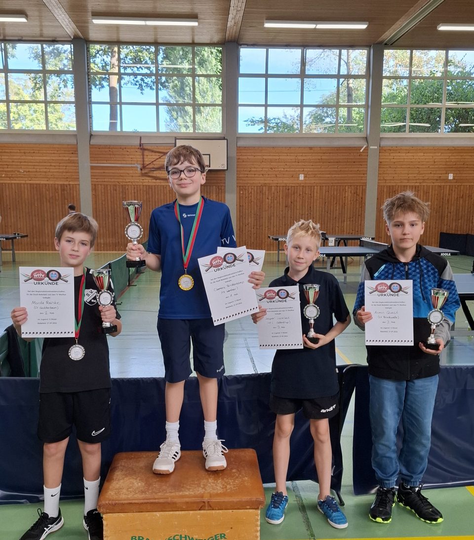 Jugend 13 Einzel (v.l.n.r.): Moritz Reinke (SV Gadderbaum), Clemens Brickenkamp (TV Werther), Jasper Joneleit (VfL Oldentrup), Armin Quast (SV Brackwede)