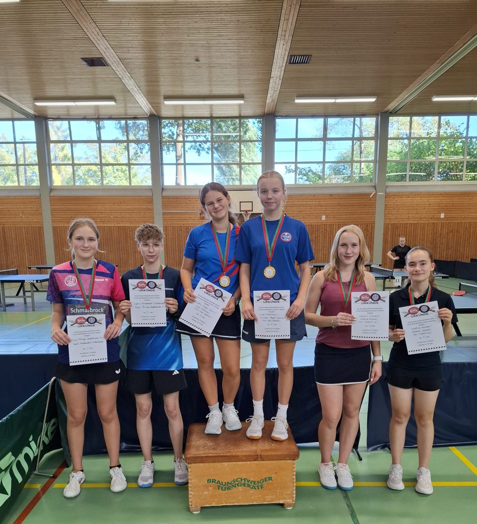 Mädchen 19 Doppel (v.l.n.r.): Dunja Philipp (Gadderbaumer TV), Sophia Middendorf (SV Brackwede), Carlotta Meyer-Sortino, Luise Flöthmann (beide TSVE), Isabella Joneleit, Josefine Kummer (beide VfL Oldentrup)